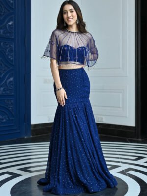 Jugnu Cape-Style Midnight Blue Lehenga Outfit