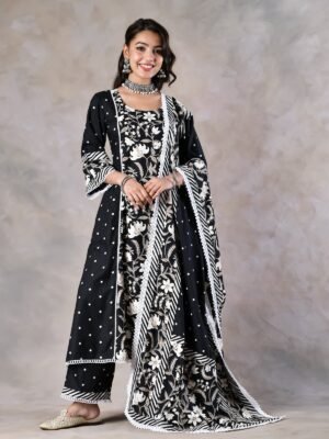 Black Floral Paneled Kurta Pant and Dupatta Set