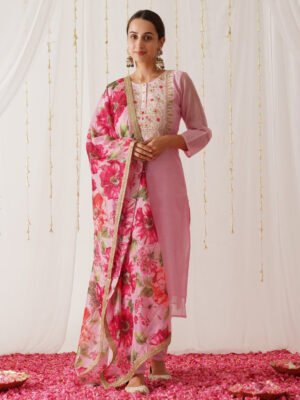 Pink Embroidered Chanderi Kurta Set with Dupatta