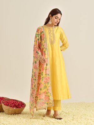 Mango Yellow Anarkali Set with Floral Printed Dupatta & Yoke Embroidery