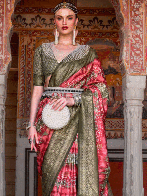 Mandy Pink and Green Printed Patola Soft Silk Saree