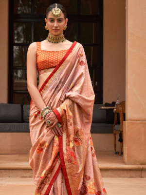 Rose Bud Pink Printed Patola Soft Silk Saree